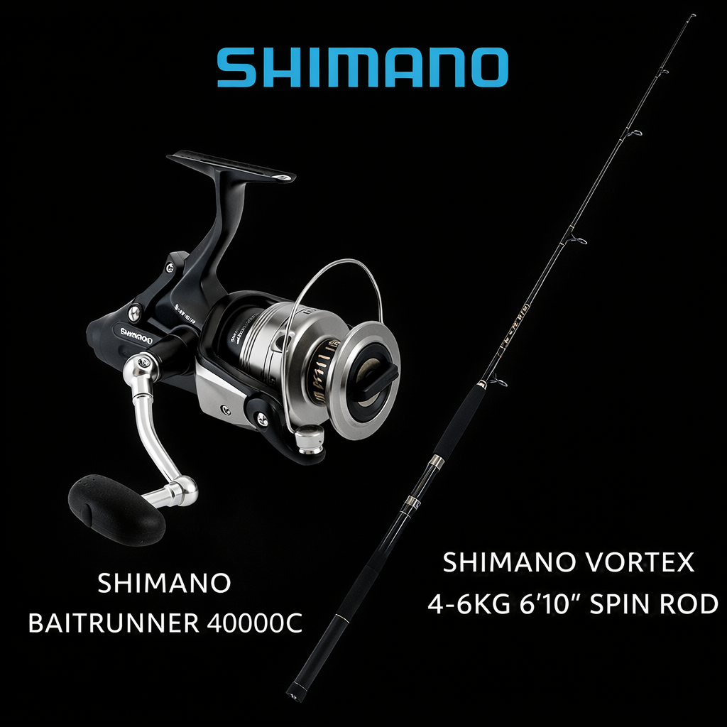 Shimano Baitrunner 4000OC spinning reel with Shimano Vortex 4-6kg spin rod combo