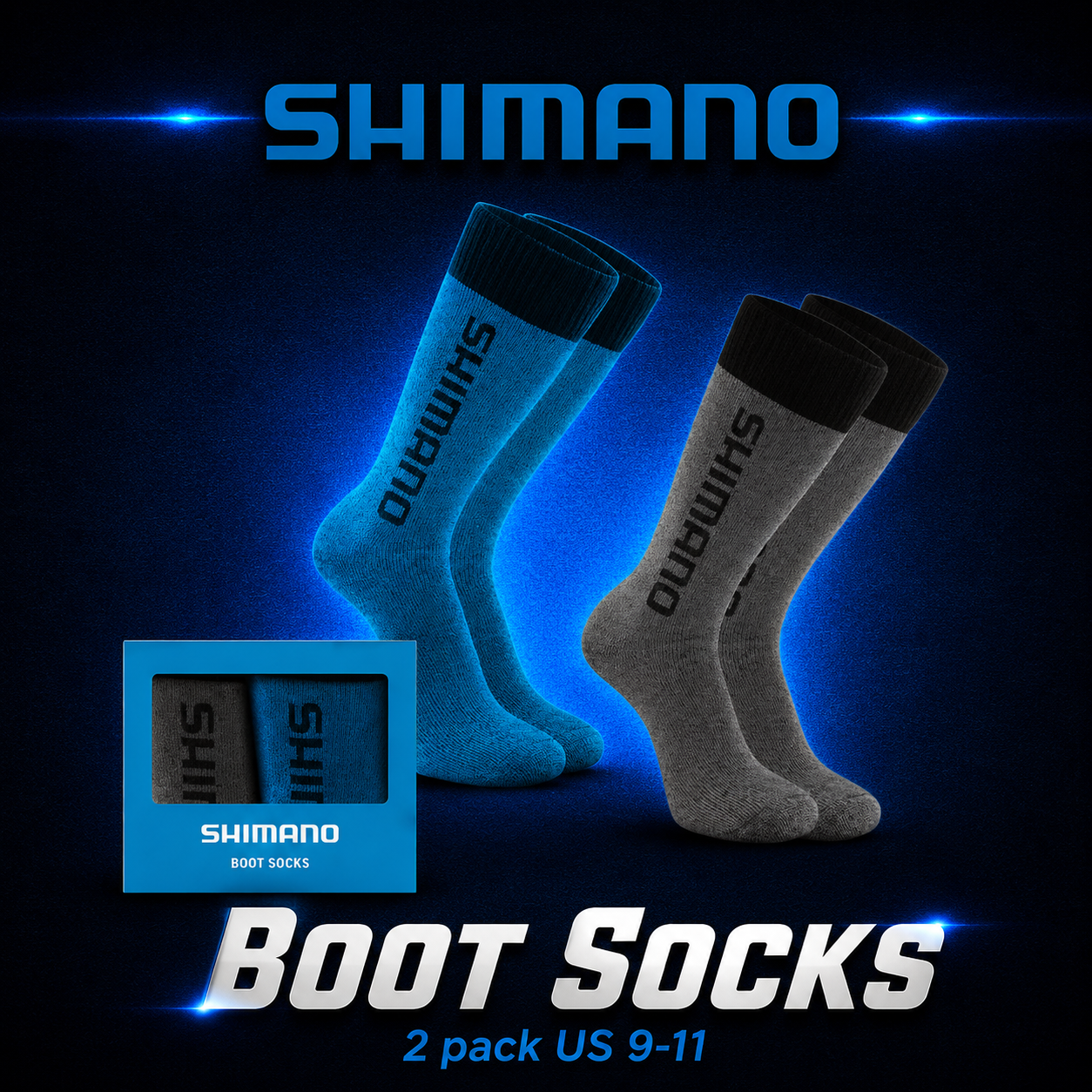 Shimano Boot Socks 2 Pack US 9-11 featuring blue and grey cushioned boot socks designed for fishing, boating and outdoor use.