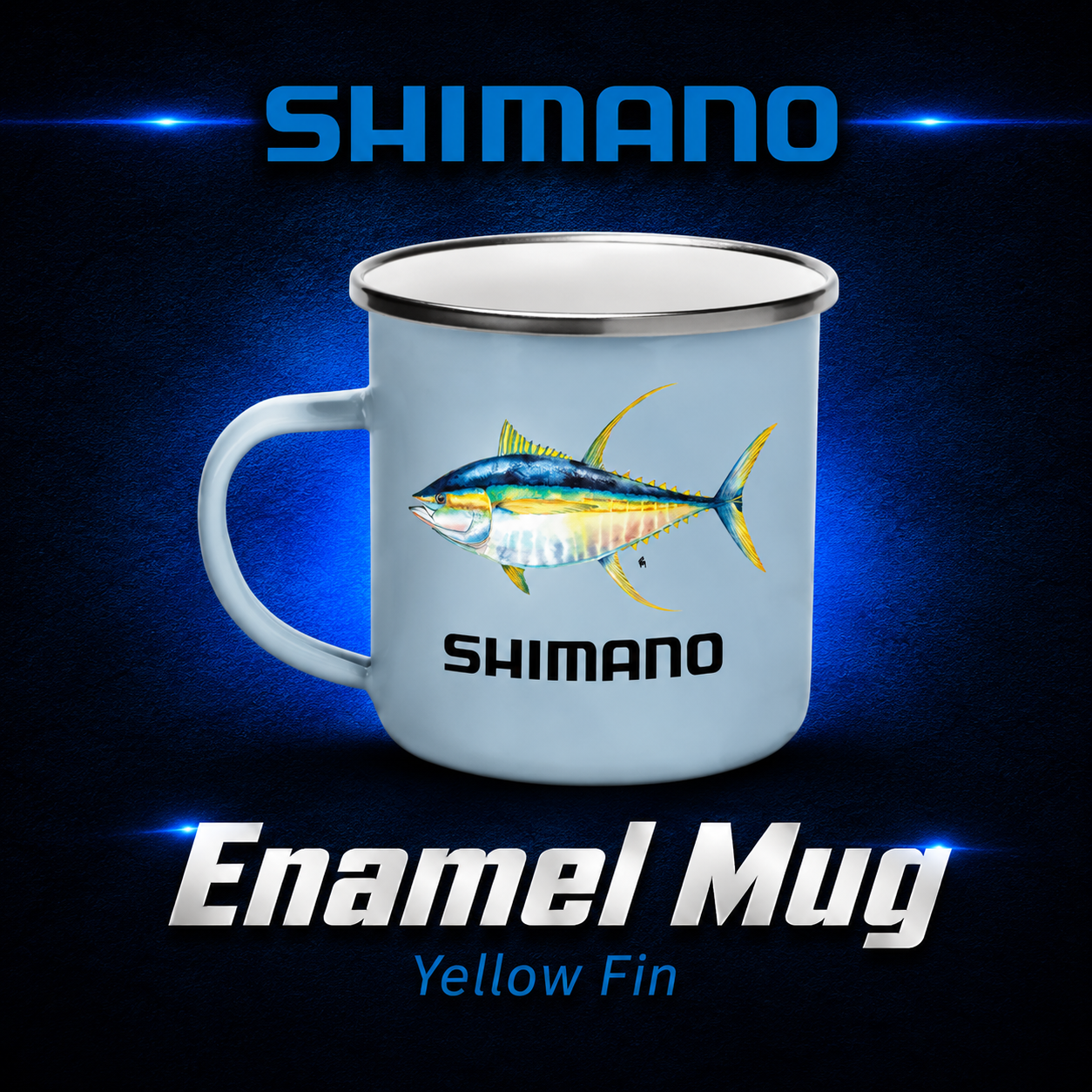 Shimano Yellowfin Enamel Mug featuring detailed Yellowfin Tuna artwork and Shimano logo on a durable enamel camping mug.