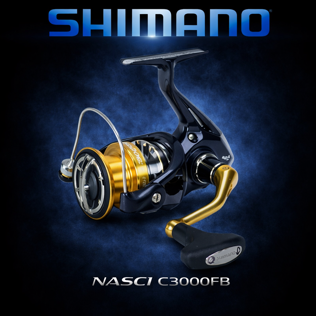 Shimano Nasci C3000FB spinning reel navy and gold compact fishing reel