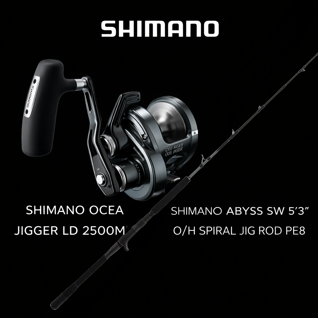 Shimano Ocea Jigger LD 2500MG lever drag jigging reel paired with Shimano Abyss SW PE8 spiral overhead jig rod offshore fishing combo on black background