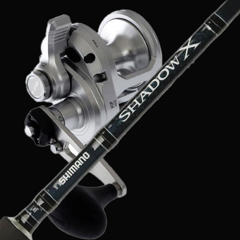 Shimano SpeedMaster 12 II two-speed overhead reel with Shadow X 6'3 one-piece 10-15kg game fishing rod combo