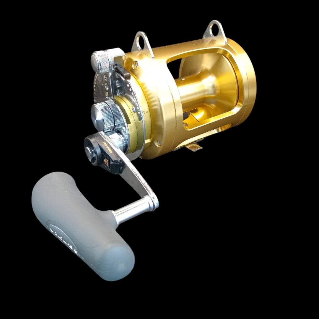 Alt="Shimano Tiagra WLRS 50 big-game lever-drag reel, gold anodized, two-speed gearing, hydrothermal drag"