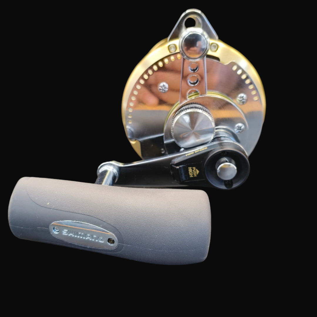 Shimano Tiagra 50WLRS game fishing reel and Shimano Abyss 80lb twin butt rod with Alps roller feeder guide and roller tip.