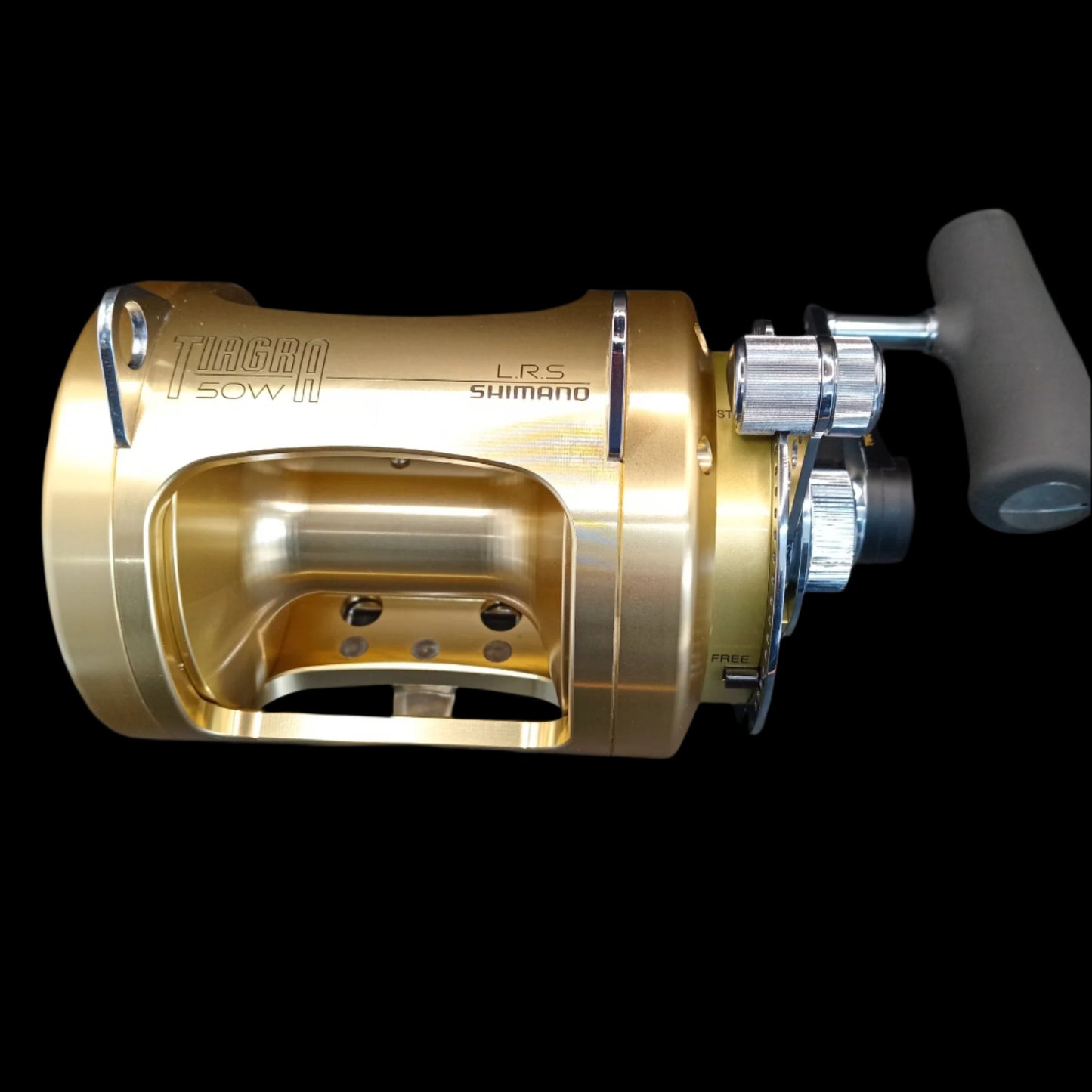 Shimano Tiagra WLRS 50 big-game lever-drag reel, gold anodized, two-speed gearing, hydrothermal drag"