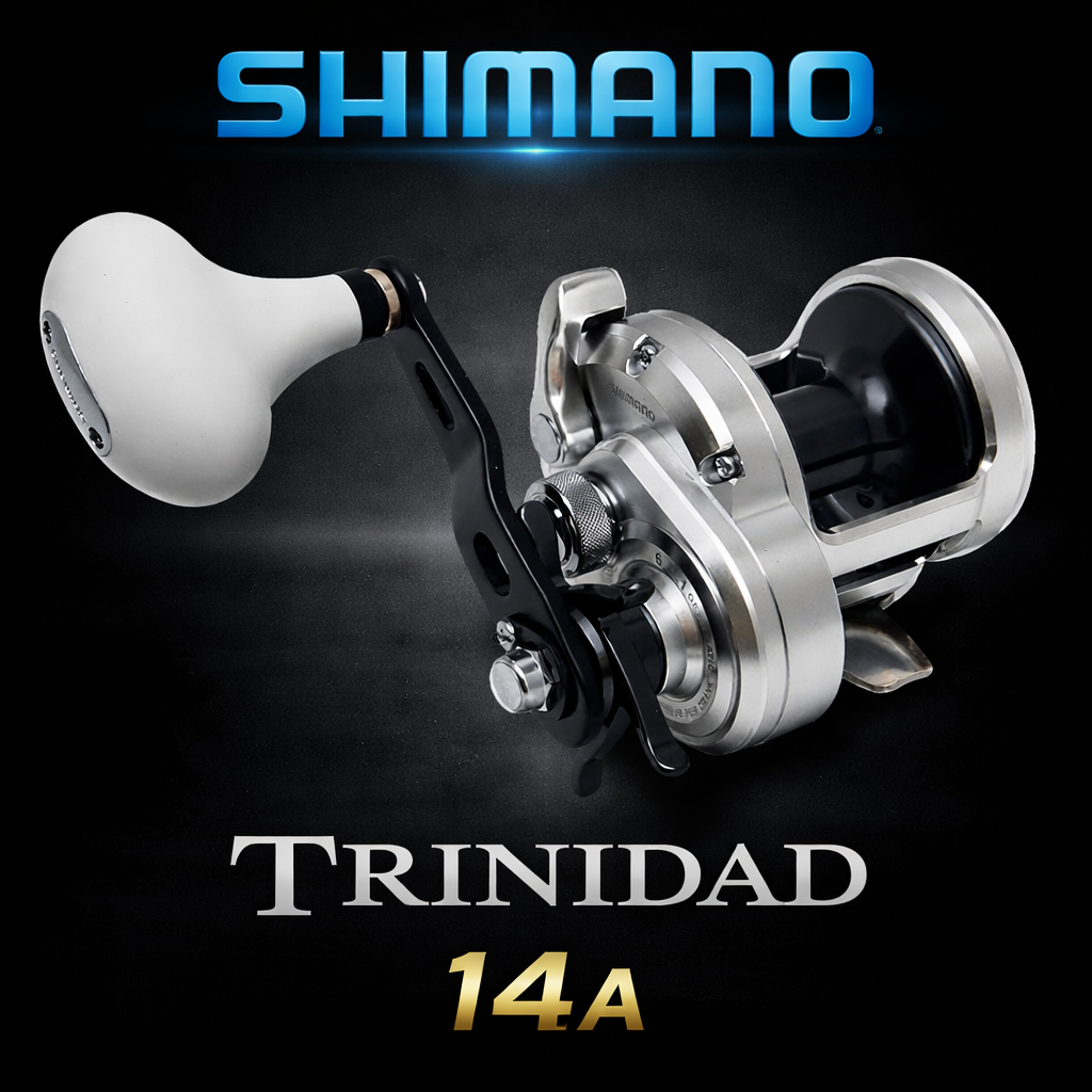 Shimano Trinidad 14A overhead fishing reel on black background with Shimano logo, high-performance saltwater reel
