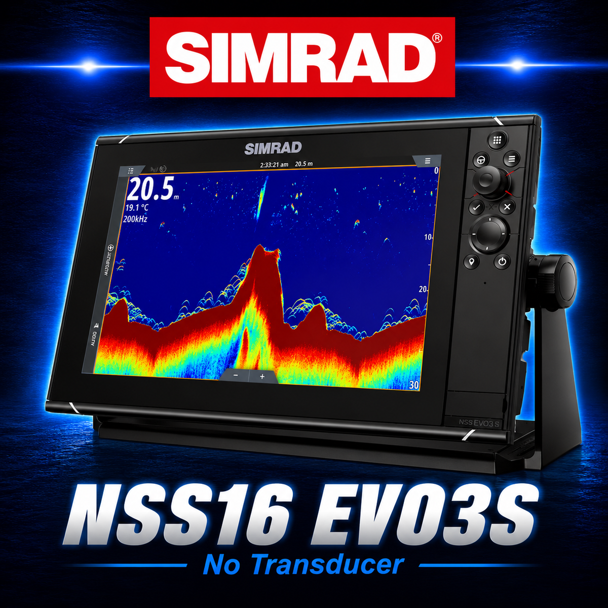 Simrad NSS16 EVO3S 16-inch marine chartplotter and fish finder multifunction display with built-in sonar – no transducer included.
