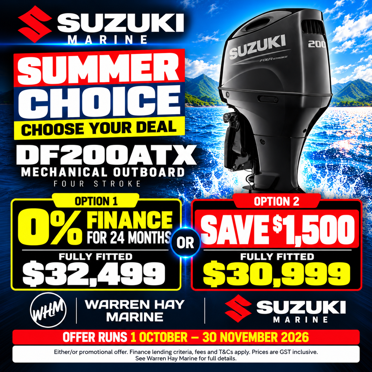 Suzuki DF200ATX 200hp mechanical four-stroke outboard – fully fitted Summer Choice deal at Warren Hay Marine.
