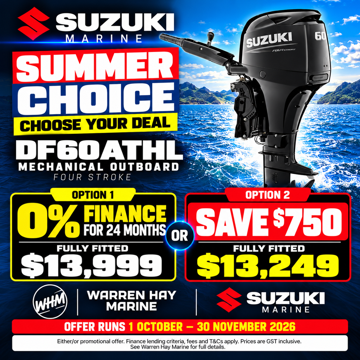 Suzuki DF60ATHL 60hp four-stroke tiller outboard – fully fitted Summer Choice deal at Warren Hay Marine.