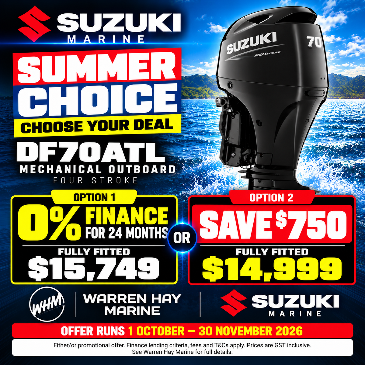 Suzuki DF70ATL 70hp four-stroke outboard – fully fitted Summer Choice deal at Warren Hay Marine.