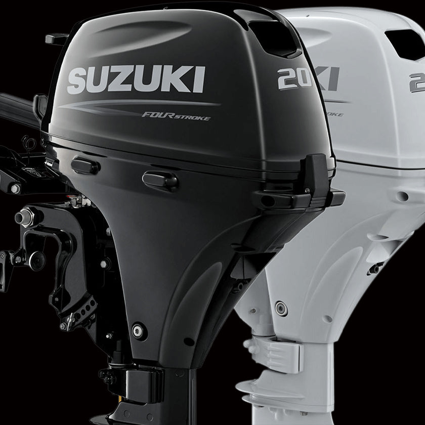 Suzuki DF20AS/L 20HP 4-stroke outboard motor with tiller steer and manual start, available at Warren Hay Marine Whangārei