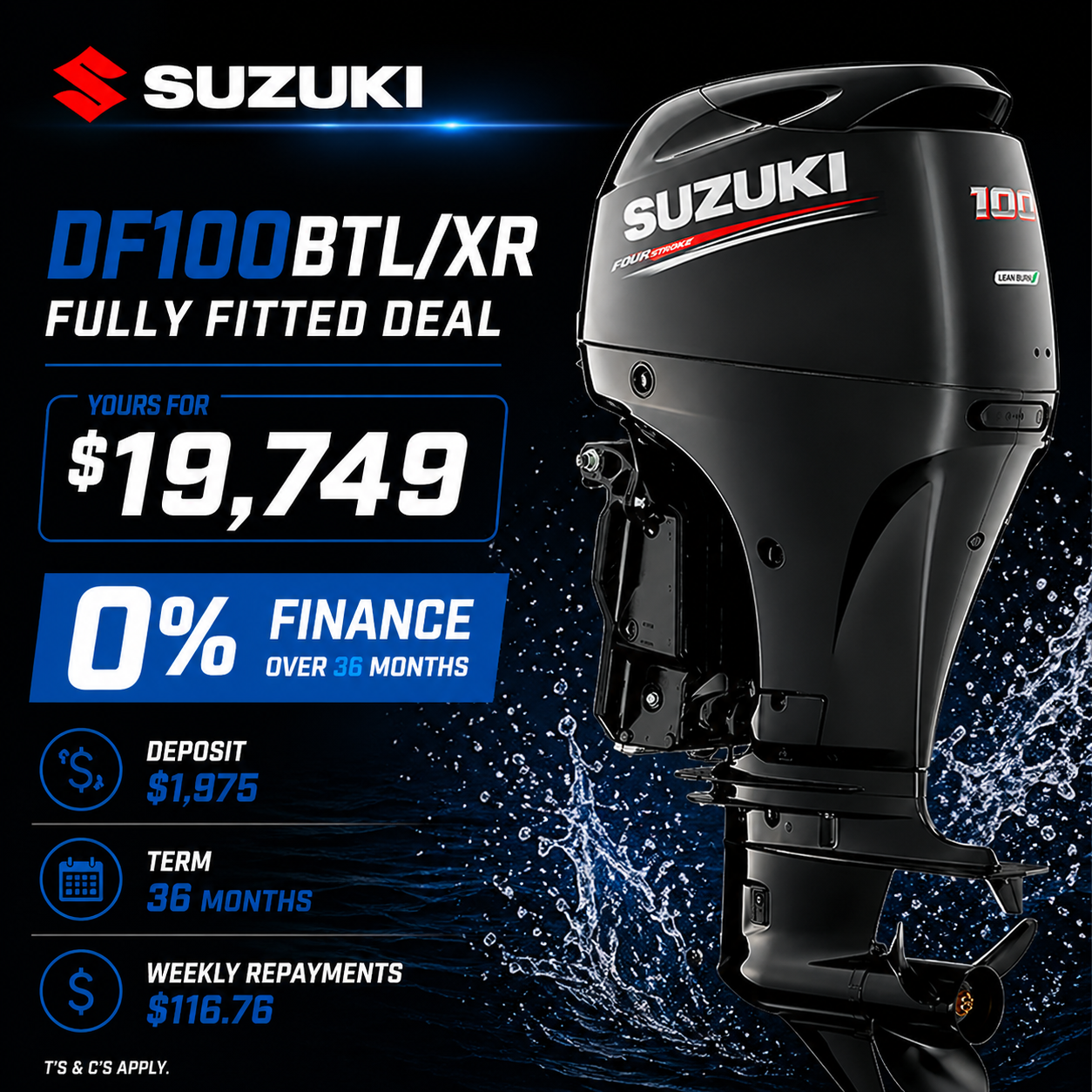Suzuki DF100BTL XR outboard motor fully fitted deal New Zealand