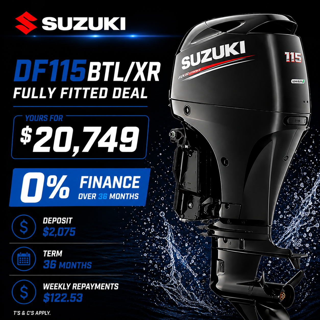 Suzuki DF115BTL XR outboard motor fully fitted package NZ