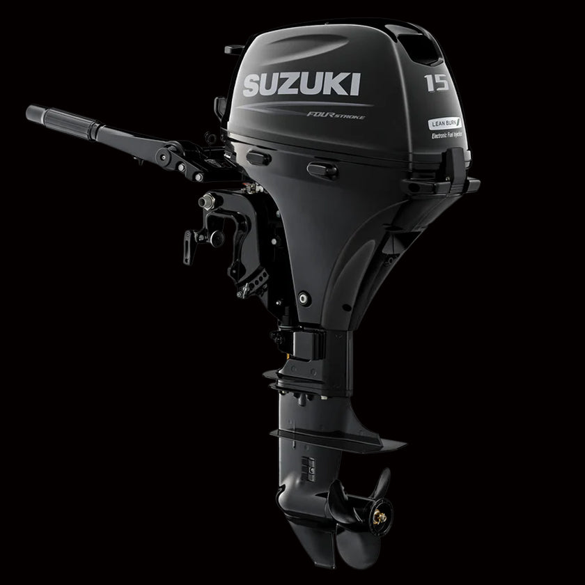 Suzuki DF15ALS 4-stroke 15HP long shaft outboard motor, fuel-efficient and reliable, available at Warren Hay Marine Whangārei