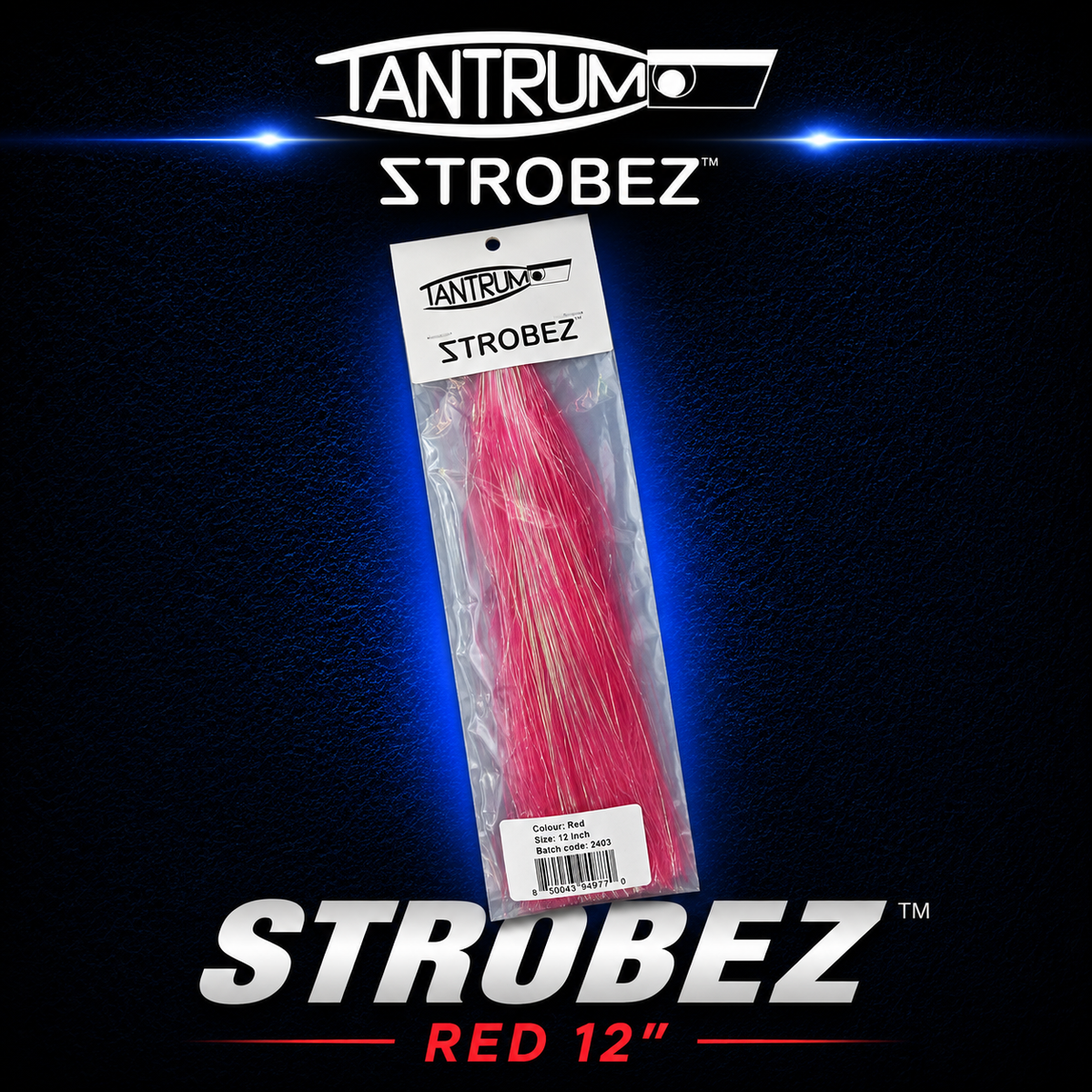 Tantrum Strobez 12-inch Red game fishing lure skirts.