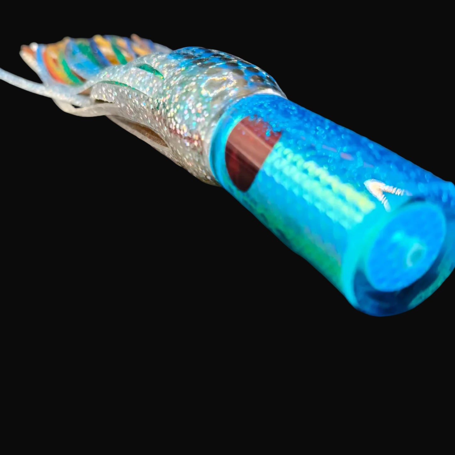 Tantrum AMN Small lure with light blue head and BlueOcean Mrs Palmer skirts, 280mm.