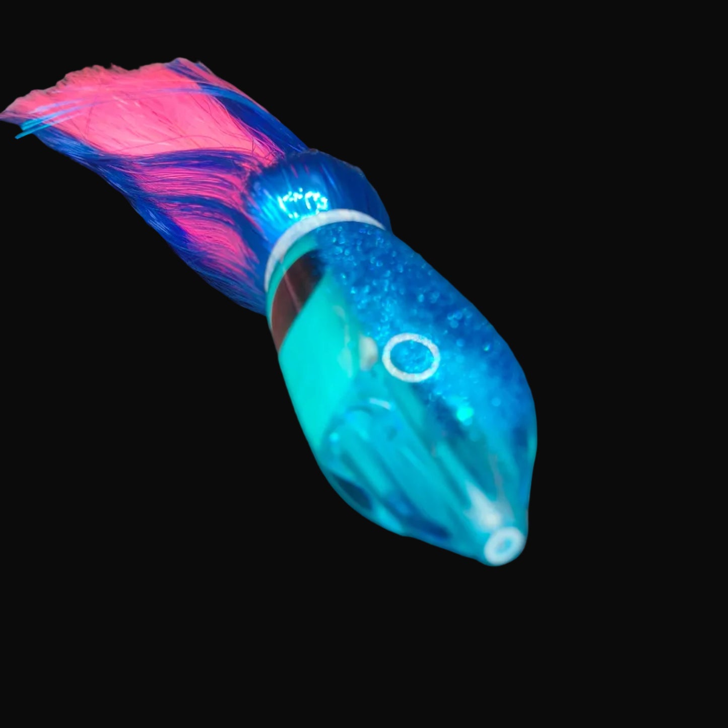 Tantrum Large Jetpack with light blue bullet head and royal blue and pink Strobez skirts, 380mm.