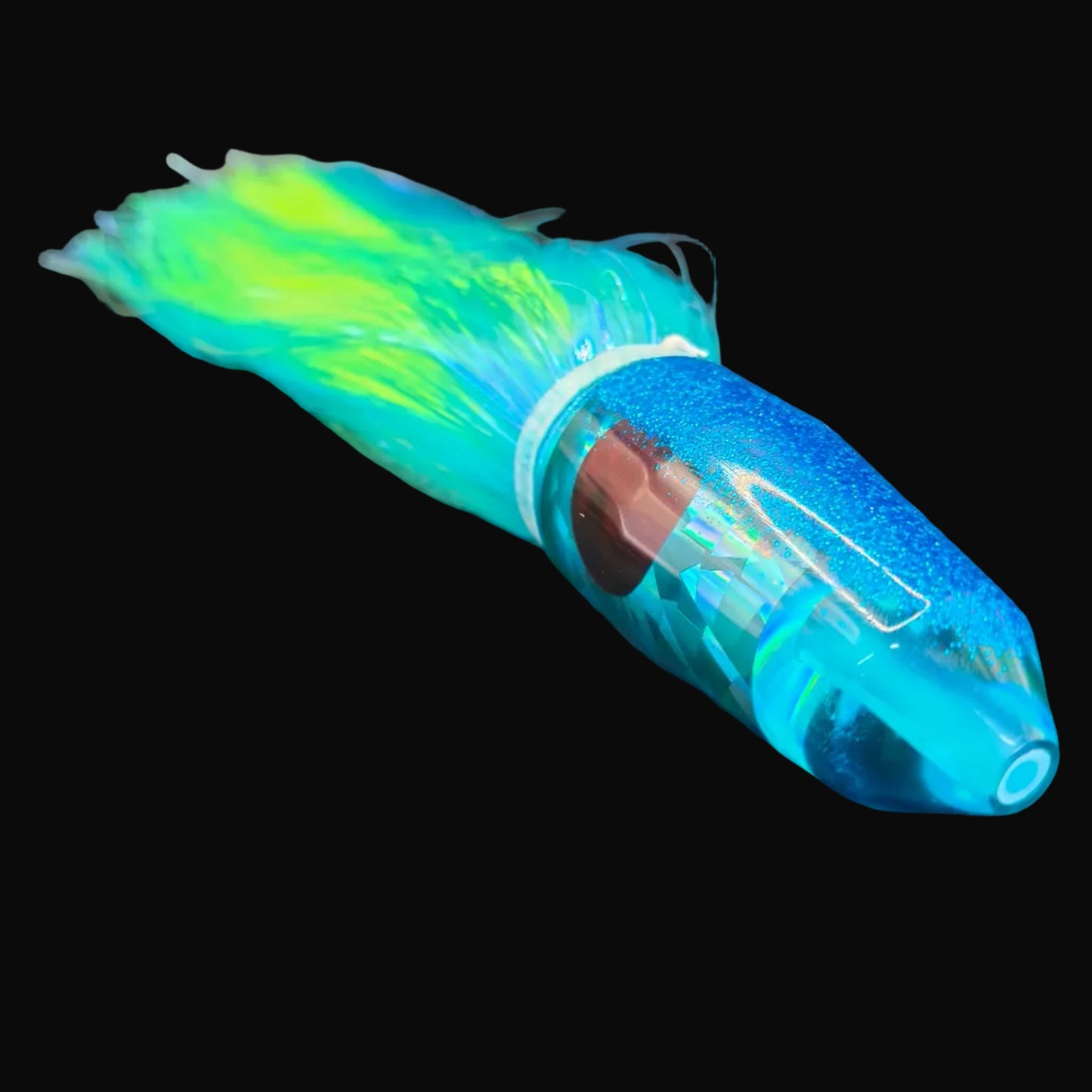 Tantrum Medium Bullet lure with light blue head and Strobez Ice Blue and chartreuse skirts, 300mm trolling lure.