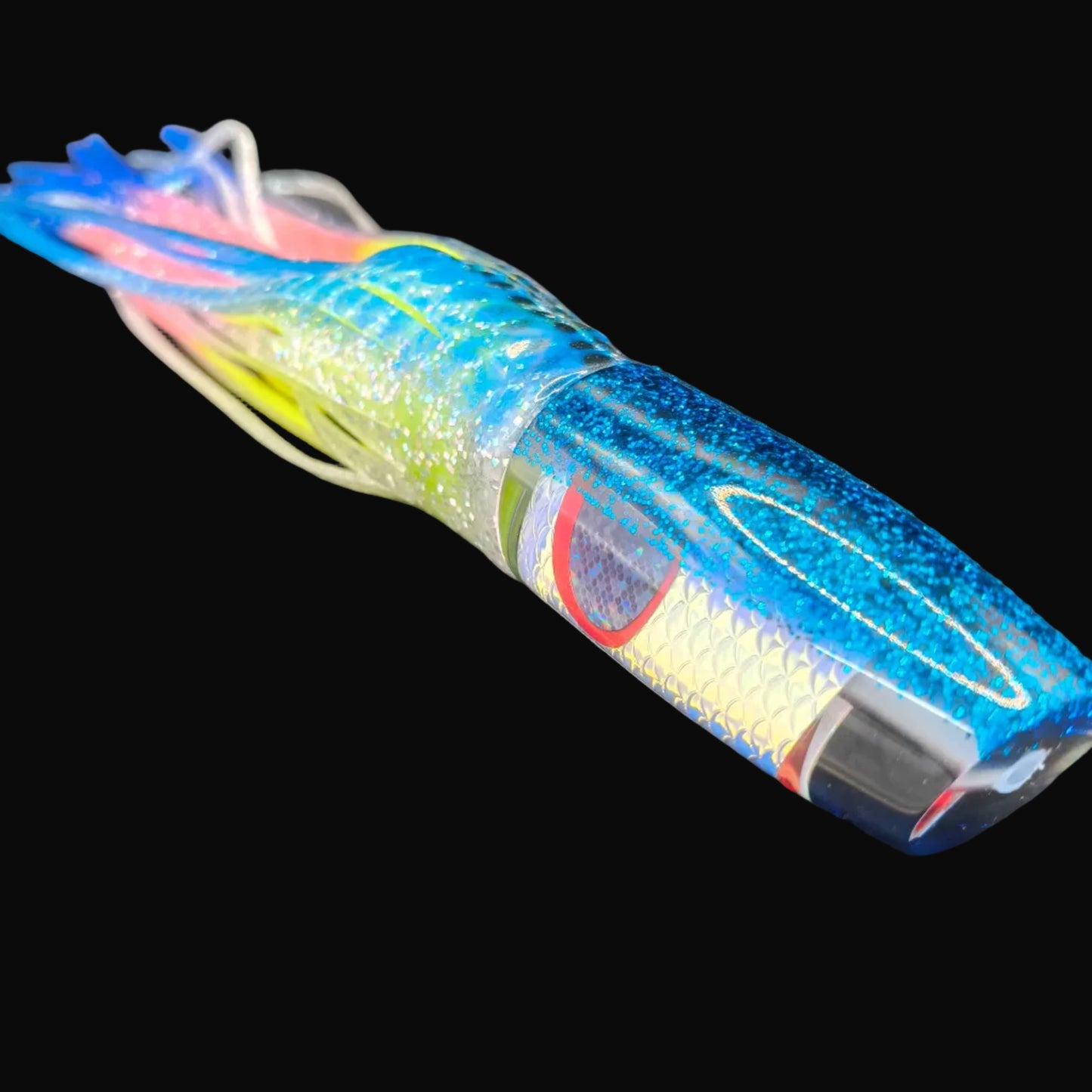 Tantrum Medium Plunger lure with dark blue head and BlueOcean blue/clear over yellow–pink–blue skirts, 310mm. game fishing lure