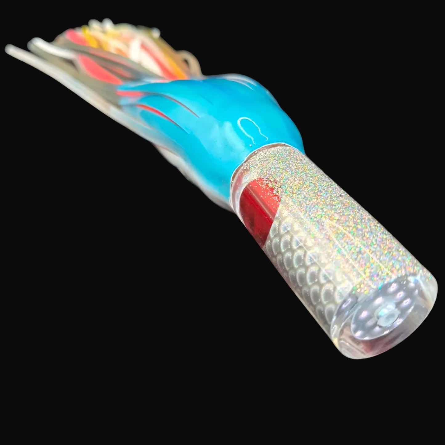 Tantrum Small AMN lure with clear head and BlueOcean salmon rubber skirts, 280mm.