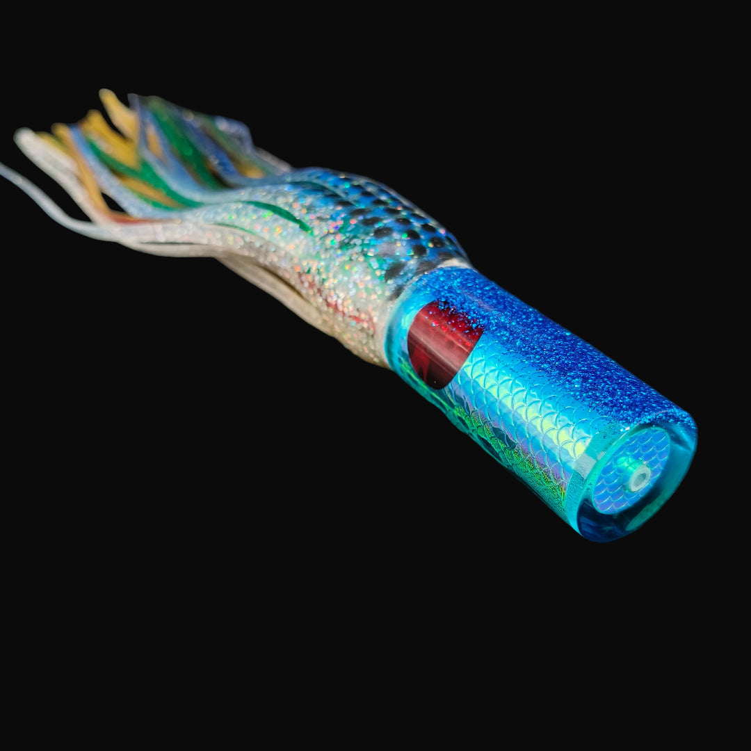Tantrum Small AMN game lure with Light Blue head and Blue Ocean skirts in Evil colour scheme.