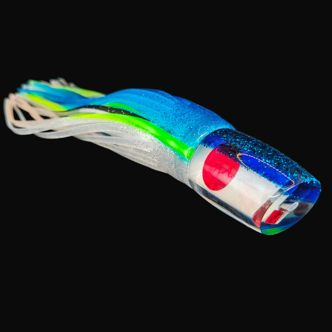 Tantrum Small Bandit dark blue trolling lure with blue/silver over silver-black rubber ocean skirts.