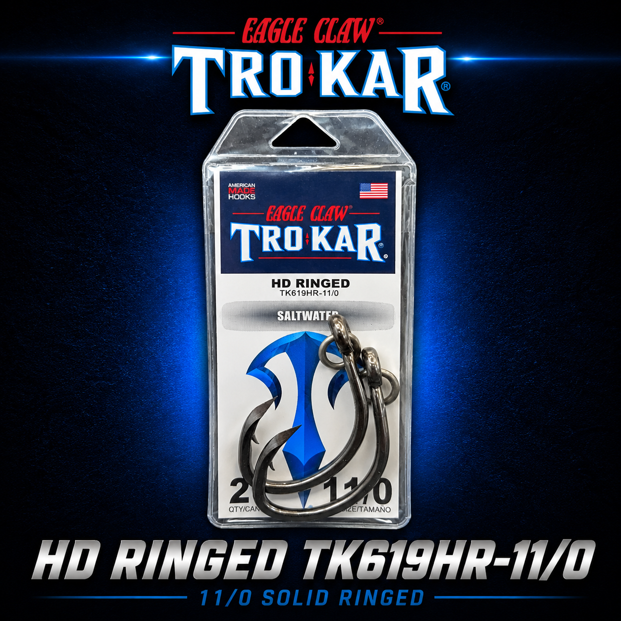 Trokar HD Ringed TK619HR-11/0 saltwater fishing hook with solid ring, heavy-duty game fishing hook for marlin, tuna, and kingfish.