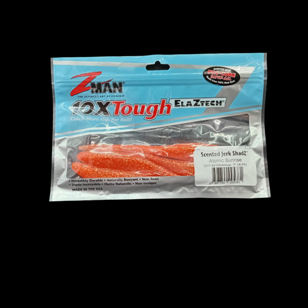 Z-Man Scented Jerkshad 7-inch softbait in Atomic Sunrise colour