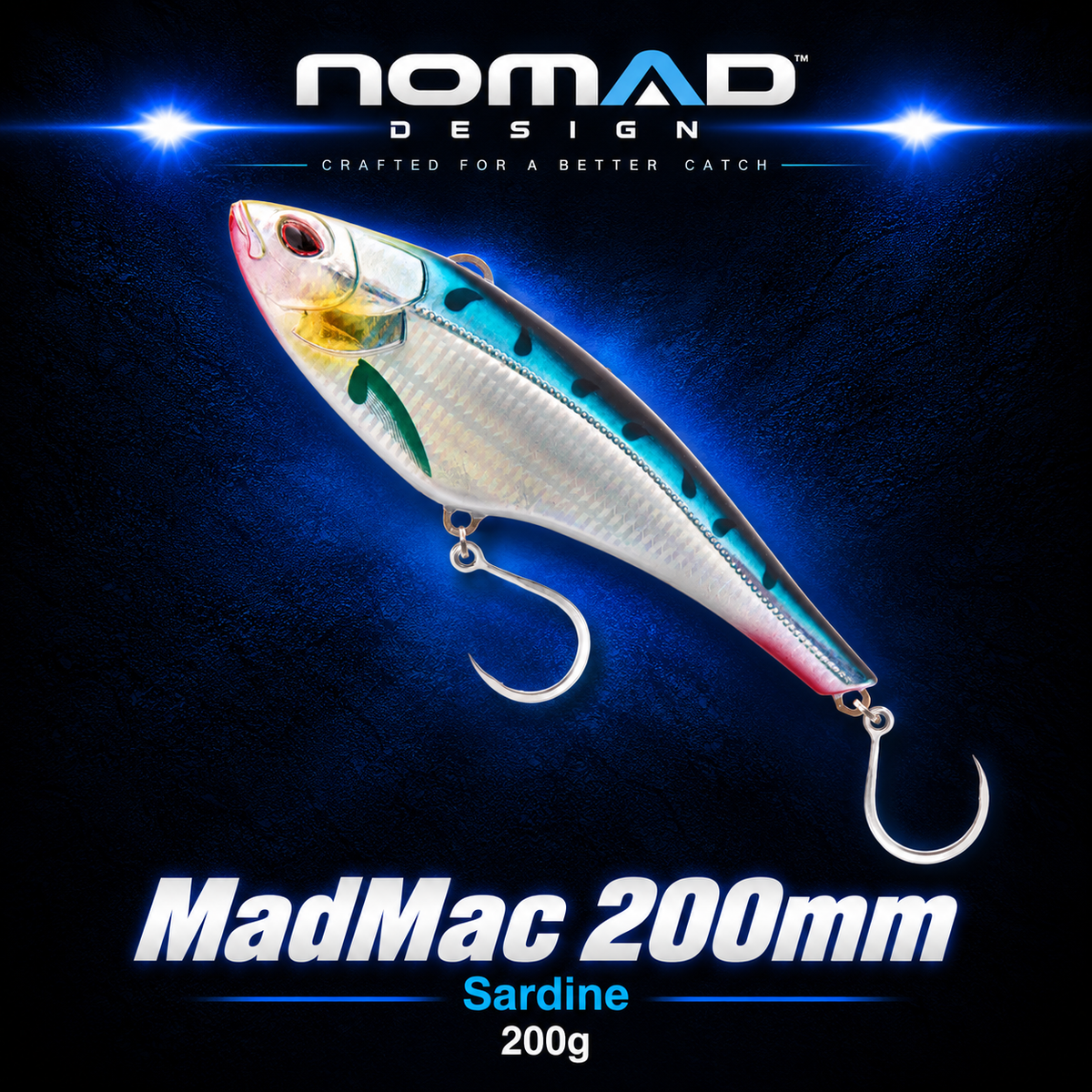 Nomad Design MadMac 200mm Sardine 200g high-speed trolling lure with holographic sardine finish and twin single hooks.