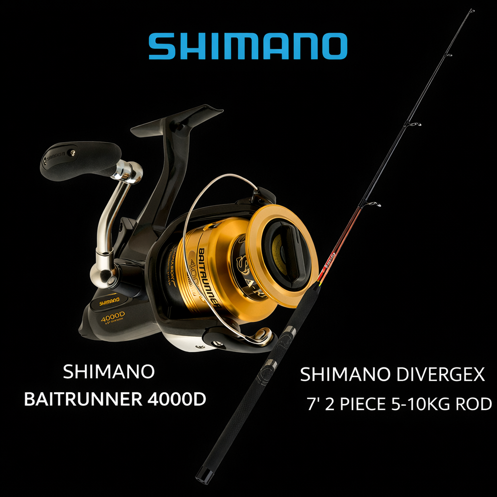 Shimano Baitrunner 4000D spinning reel with Shimano Divergex 7ft 5–10kg rod combo