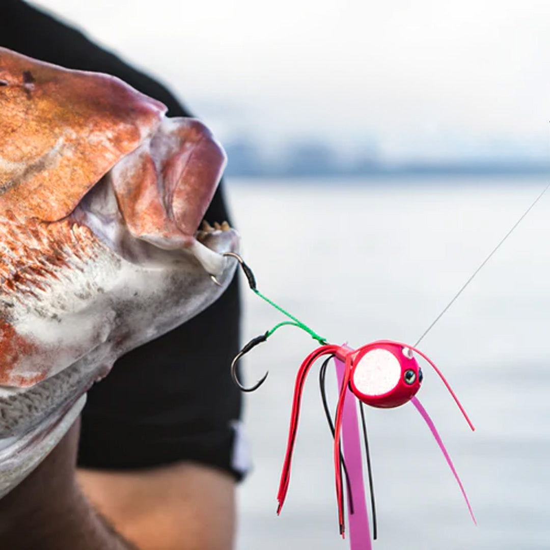 “Fishing sliders – durable weighted lures designed for snapper, kingfish, and reef species. Available in multiple colours and weights with skirts and strong assist hooks.”
