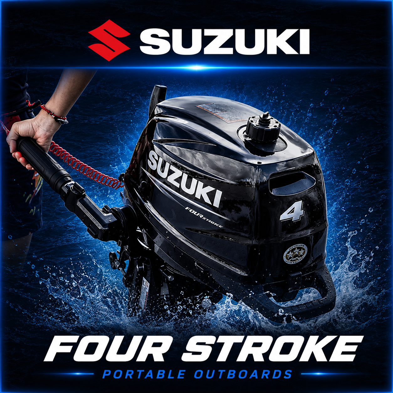 Suzuki portable 4-stroke outboard motor, ideal for small boats and tenders, available at Warren Hay Marine Whangārei