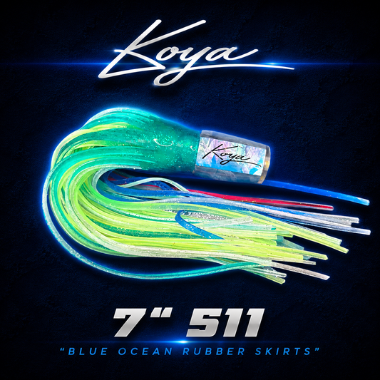 Koya 7 511 game fishing lure, skirted in quality Lumo Blue Ocean skirts, Warren Hay Marine, Whangarei