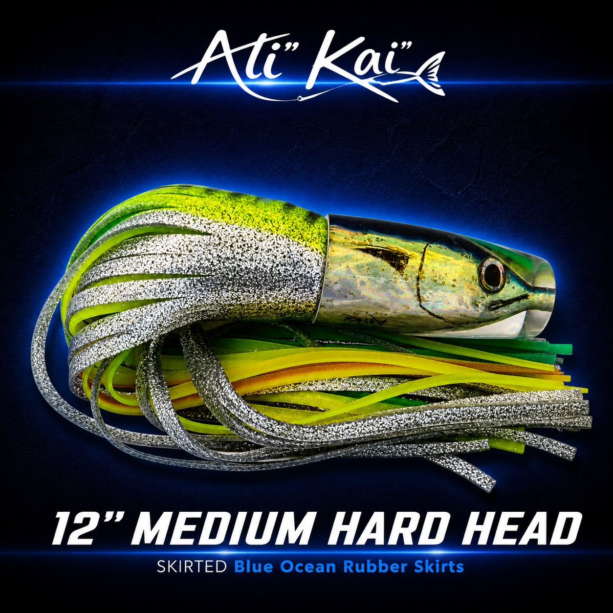 Ali'i Kai Medium Hard Head Green Yellow Blue Ocean rubber skirted lure NZ