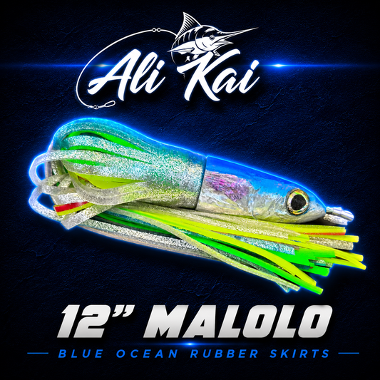 Ali'i Kai Malolo 12" Game fishing lure, Skirted in blue ocean rubber skirts, Warren Hay Marine, Whangarei 