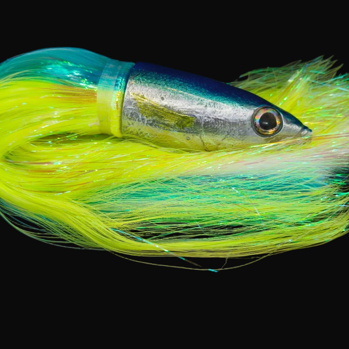 Aliʻi Kai Opelu 9 inch game fishing lure skirted in ice blue and pearl over chartreuse Tantrum Strobez skirts