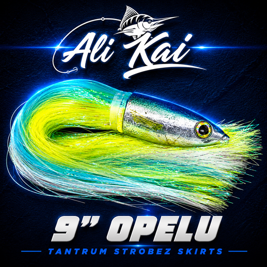 Ali'i Kai 9" Opelu game fishing lure, Skirted with Tantrum Strobez, Warren Hay Marine, Whangarei