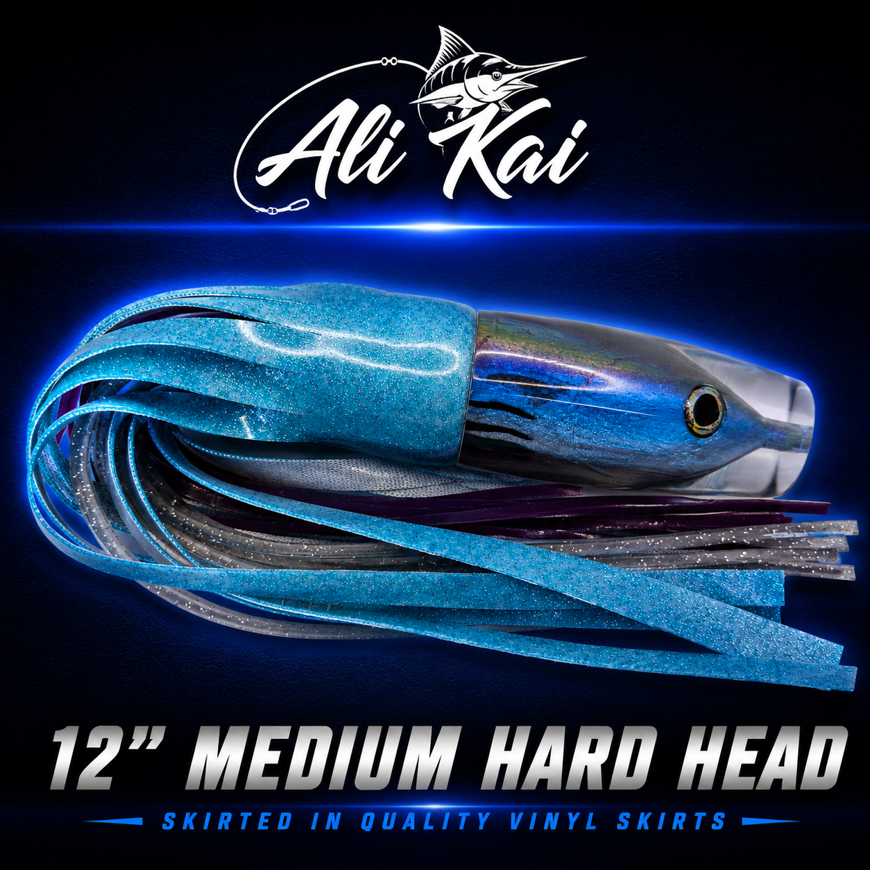 Ali'i Kai Medium Hard Head light blue vinyl game fishing lure with Newell highlights
