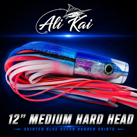 Ali'i Kai Medium Hard Head pink white blue game fishing lure with Blue Ocean rubber skirts