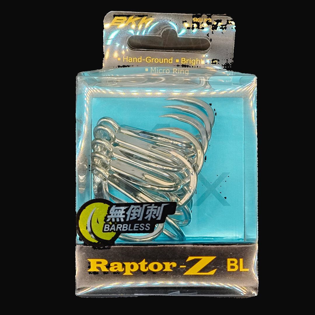 BKK Raptor Z Barbless Treble Hooks – high-strength, corrosion-resistant treble hooks for catch-and-release saltwater fishing.