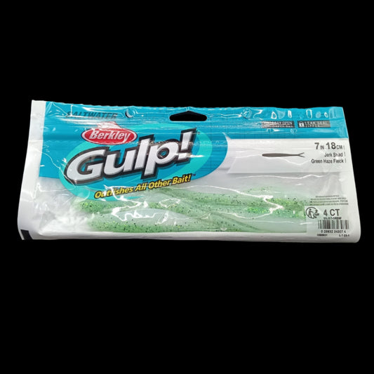 Berkley Gulp! 7" Jerk Shad in Green Haze Fleck – olive green softbait with glitter and natural movement for targeting predators.