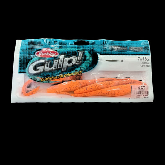 Berkley Gulp! 7" Jerk Shad in Coral Trout – vivid orange-red softbait with natural flicker and scent dispersion for reef predators.