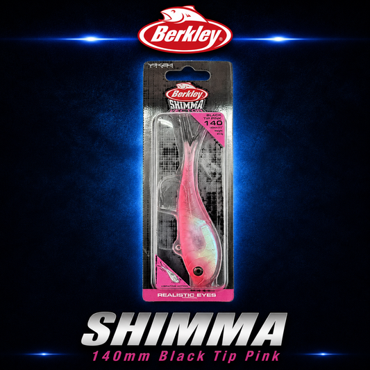 Berkley Shimma 140 soft bait in Black Tip Pink – 64.5g paddle tail lure designed for snapper, kingfish, and predatory species.