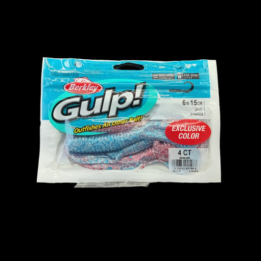 Berkley Gulp! 6" Grub in America – red, white, and blue scented soft bait with high-action curly tail for snapper, kingfish, and more.