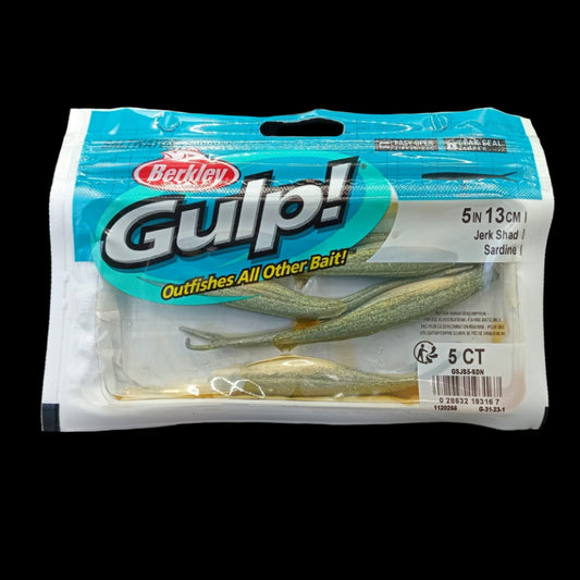 Berkley Gulp! 5" Jerk Shad in Sardine – natural baitfish softbait with darting action and scent dispersion.