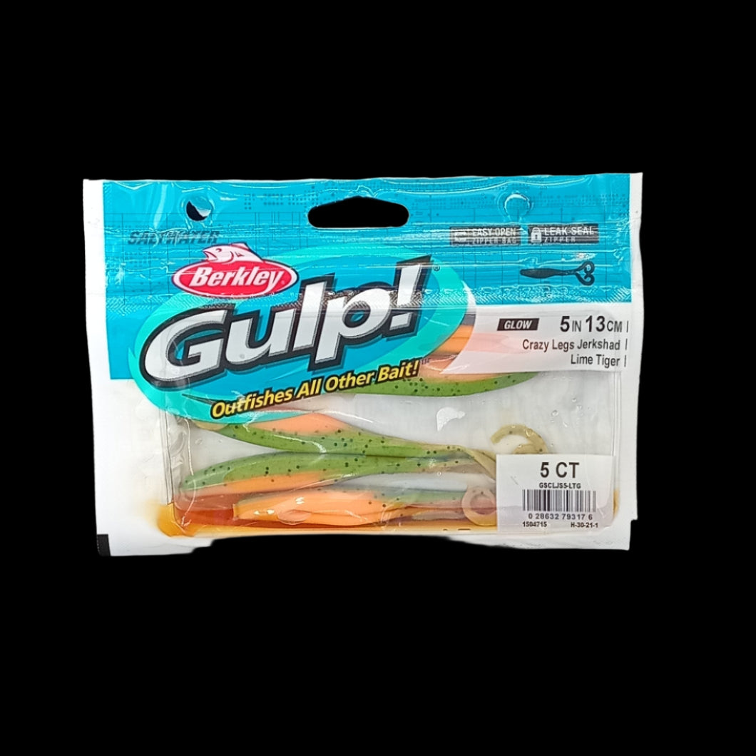 Berkley Gulp! 5" Crazy Legs in Lime Tiger – bright green softbait with tiger stripes and fluttering twin legs.