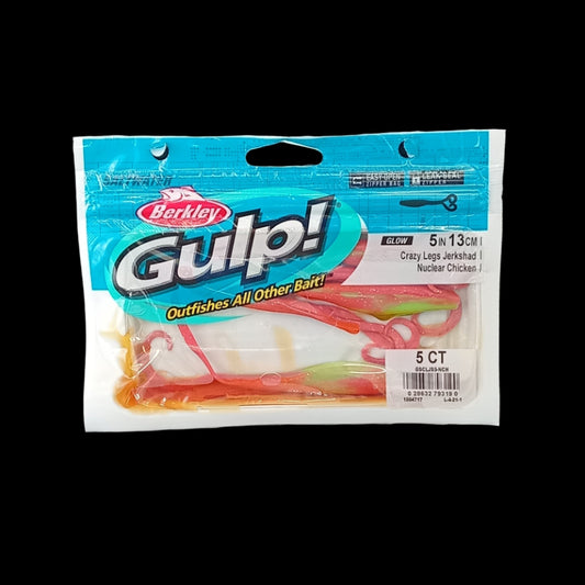 Berkley Gulp! 5" Crazy Legs in Nuclear Chicken – fluorescent green and pink softbait with fluttering legs and powerful scent.