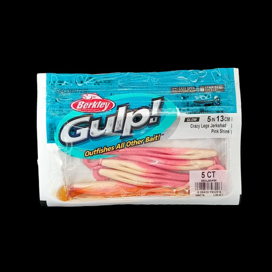 Berkley Gulp! 5" Crazy Legs in Pink Shine – pink softbait with fluttering legs and scent dispersion for saltwater predators.