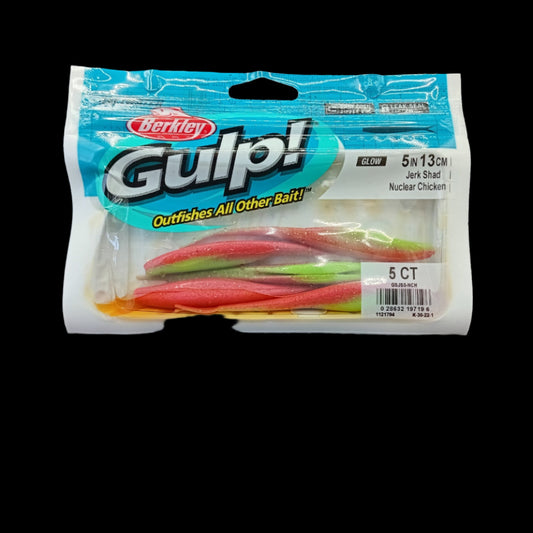 Berkley Gulp! 5" Jerk Shad in Nuclear Chicken – high-contrast soft bait with scent dispersion and darting baitfish action.