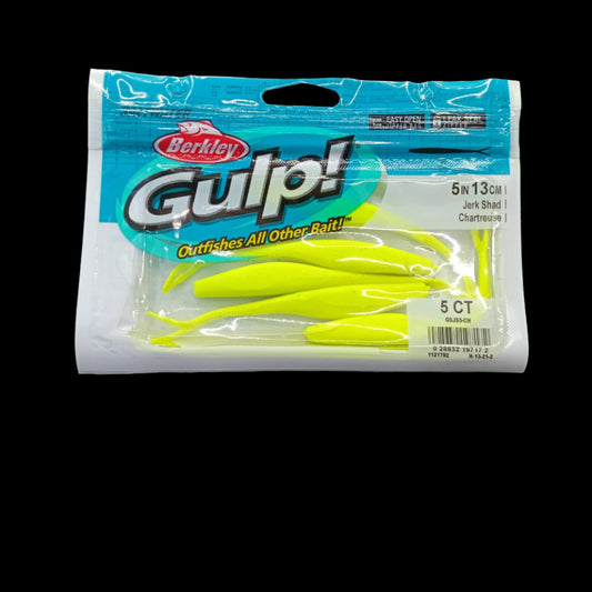 Berkley Gulp! 5" Jerk Shad in Chartreuse – high-visibility scented soft bait with darting baitfish action.